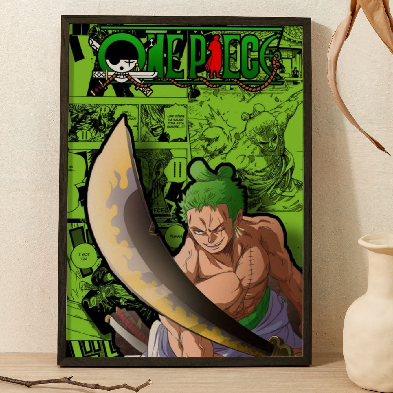 SoulAbiti One Piece Roronoa Zoro Wano arc Poster Art Framed (12x18-Inch, Plexi-Glass, Textured Frame) Framed Wall Décor, Ideal gift for Straw hat pirate fans - SoulAbiti
