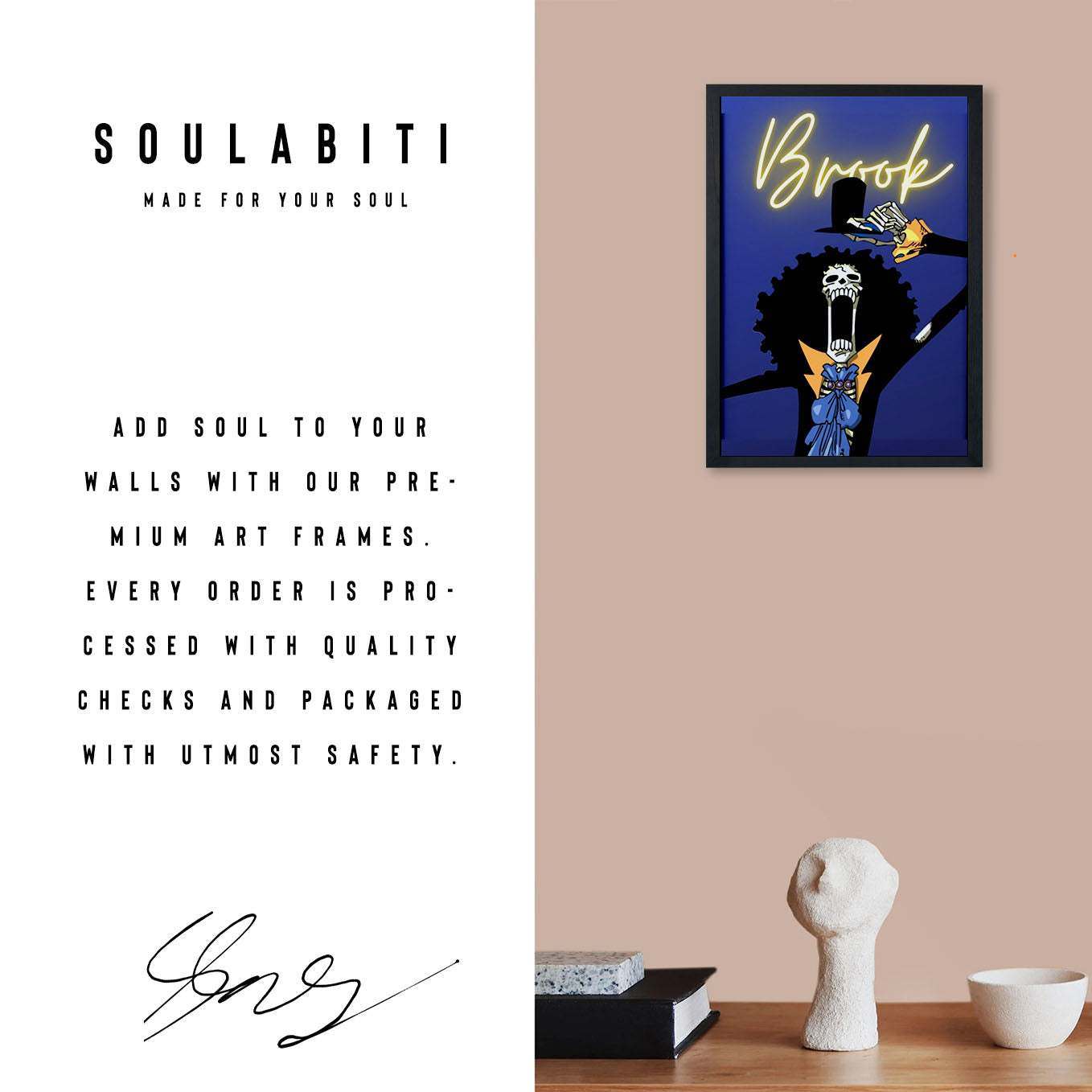 SoulAbiti One Piece Soul Brook Poster Art Framed (12x18-Inch, Plexi-Glass, Textured Frame) Framed Wall Décor, Ideal gift for Straw hat pirate fans - SoulAbiti