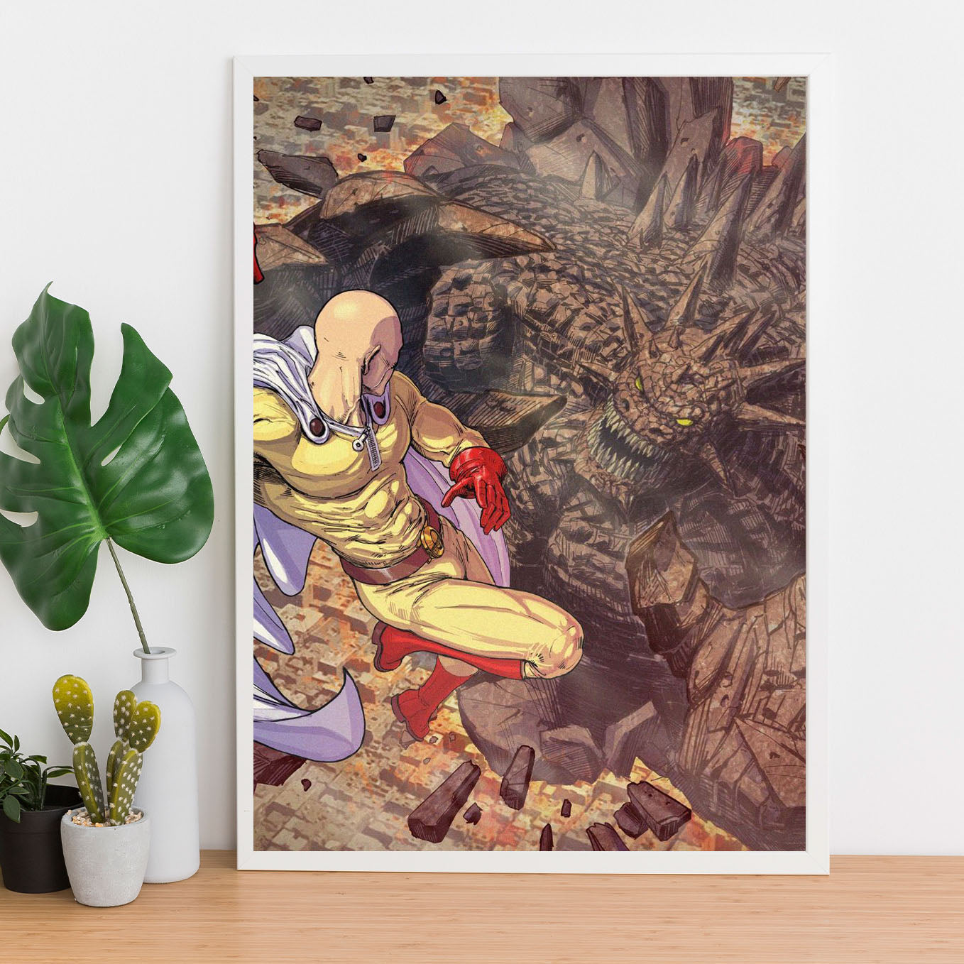 SoulAbiti One Punch Man Saitama punching villain Poster Art Framed (12x18-Inch, Plexi-Glass, Textured Frame) Framed Wall Décor, Ideal gift for anime fans - SoulAbiti