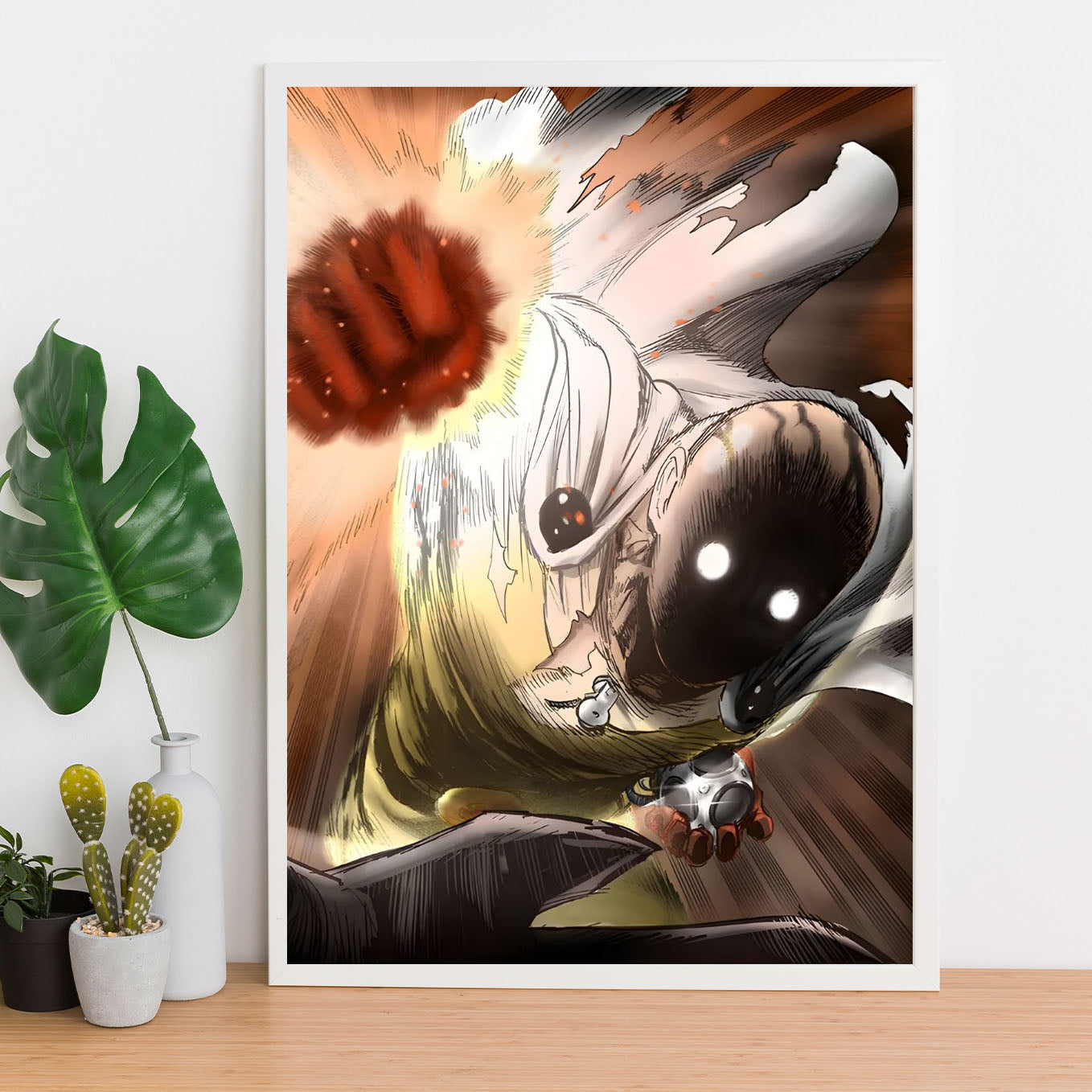 SoulAbiti One Punch Man Saitama serious punch to cosmic garou Poster Art Framed (12x18-Inch, Plexi-Glass, Textured Frame) Framed Wall Décor, Ideal gift for anime fans - SoulAbiti