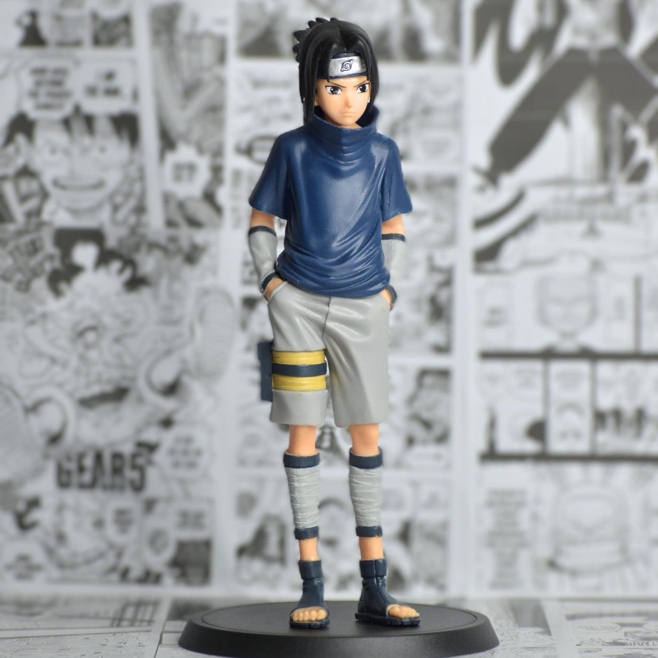 SoulAbiti Sasuke Uchiha action figurine Naruto action figures (23 cm tall) with round base - Sasuke of the uchiha clan standing action figure in his signature blue shirt - SoulAbiti