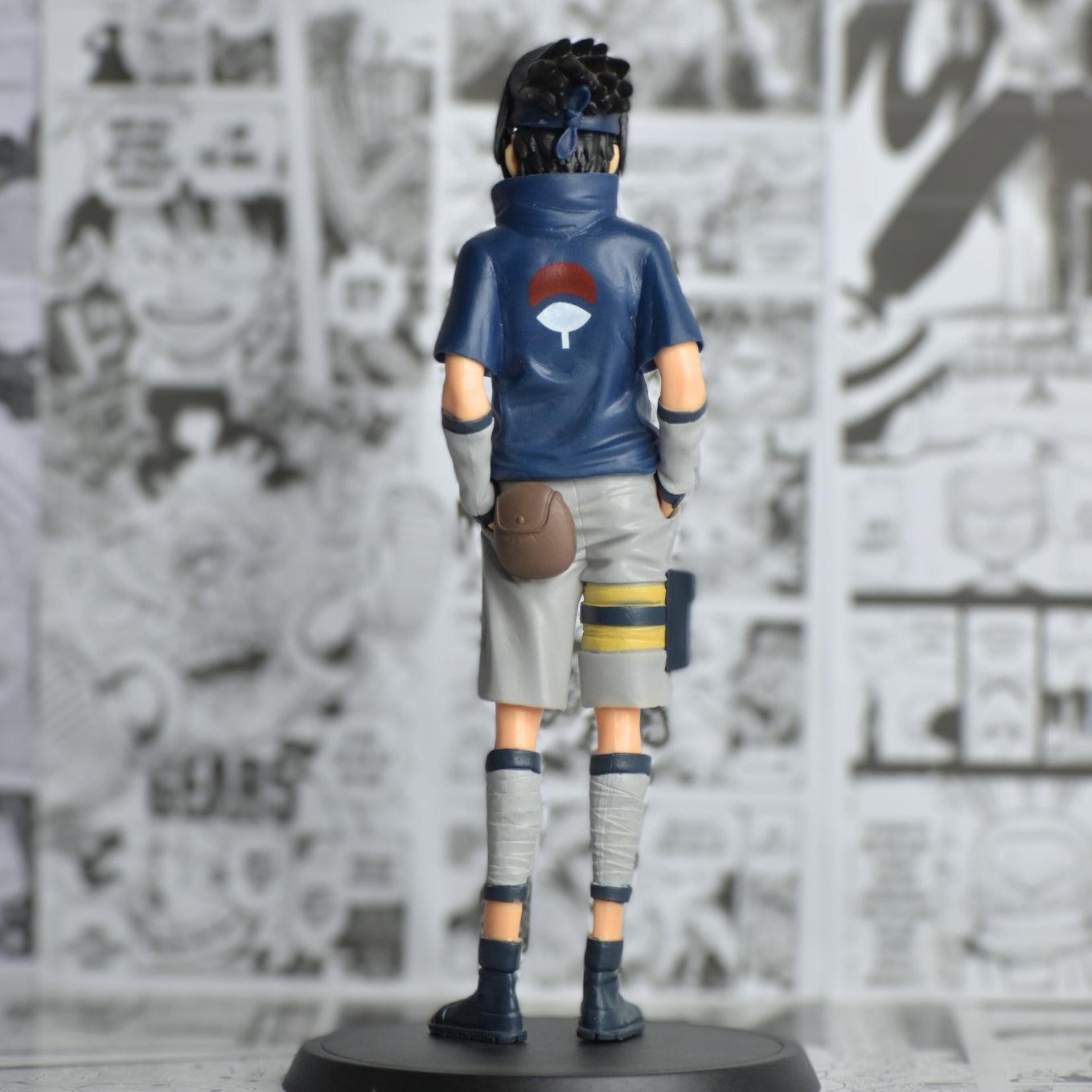 SoulAbiti Sasuke Uchiha action figurine Naruto action figures (23 cm tall) with round base - Sasuke of the uchiha clan standing action figure in his signature blue shirt - SoulAbiti