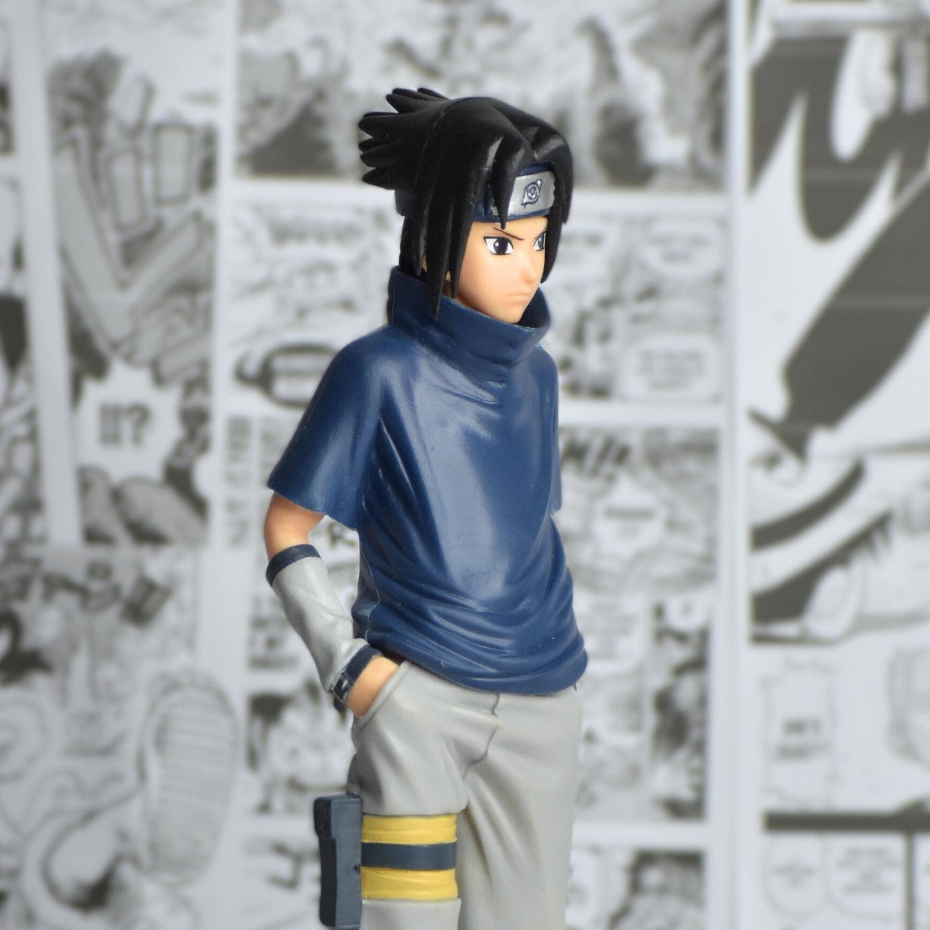 SoulAbiti Sasuke Uchiha action figurine Naruto action figures (23 cm tall) with round base - Sasuke of the uchiha clan standing action figure in his signature blue shirt - SoulAbiti