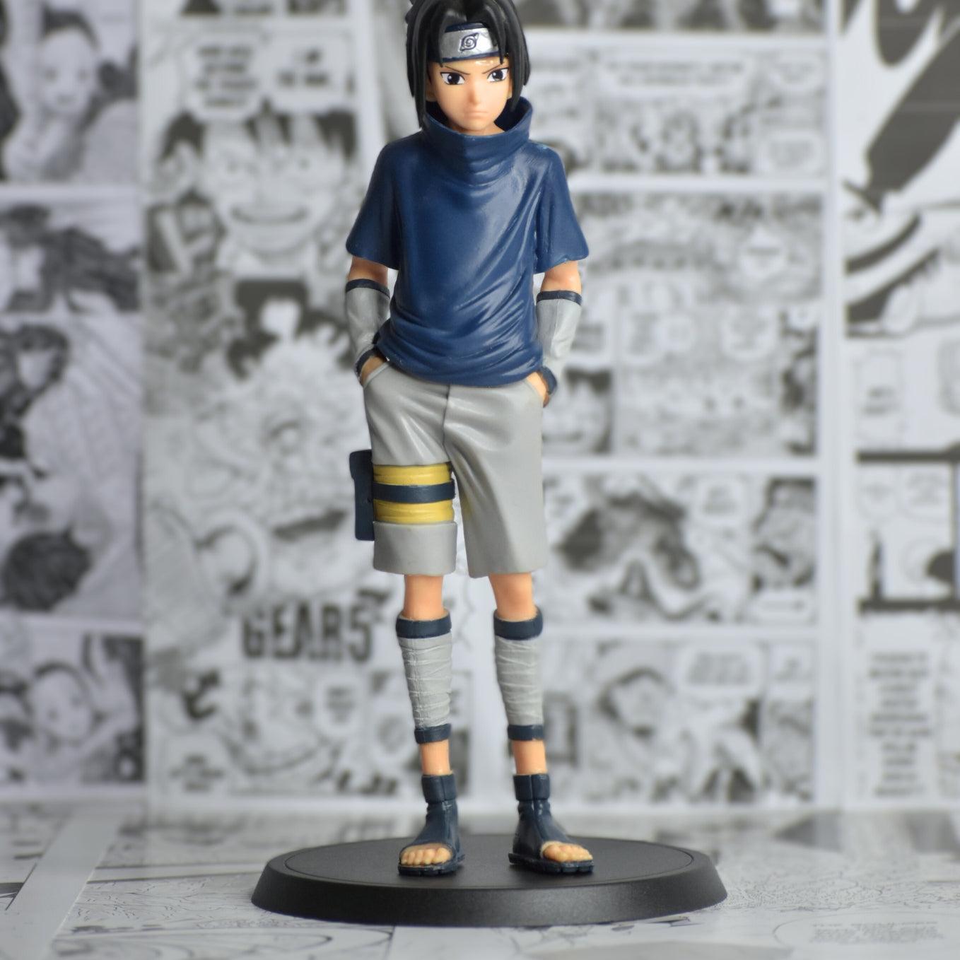 SoulAbiti Sasuke Uchiha action figurine Naruto action figures (23 cm tall) with round base - Sasuke of the uchiha clan standing action figure in his signature blue shirt - SoulAbiti