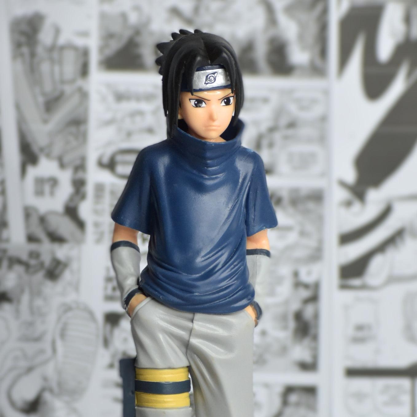 SoulAbiti Sasuke Uchiha action figurine Naruto action figures (23 cm tall) with round base - Sasuke of the uchiha clan standing action figure in his signature blue shirt - SoulAbiti