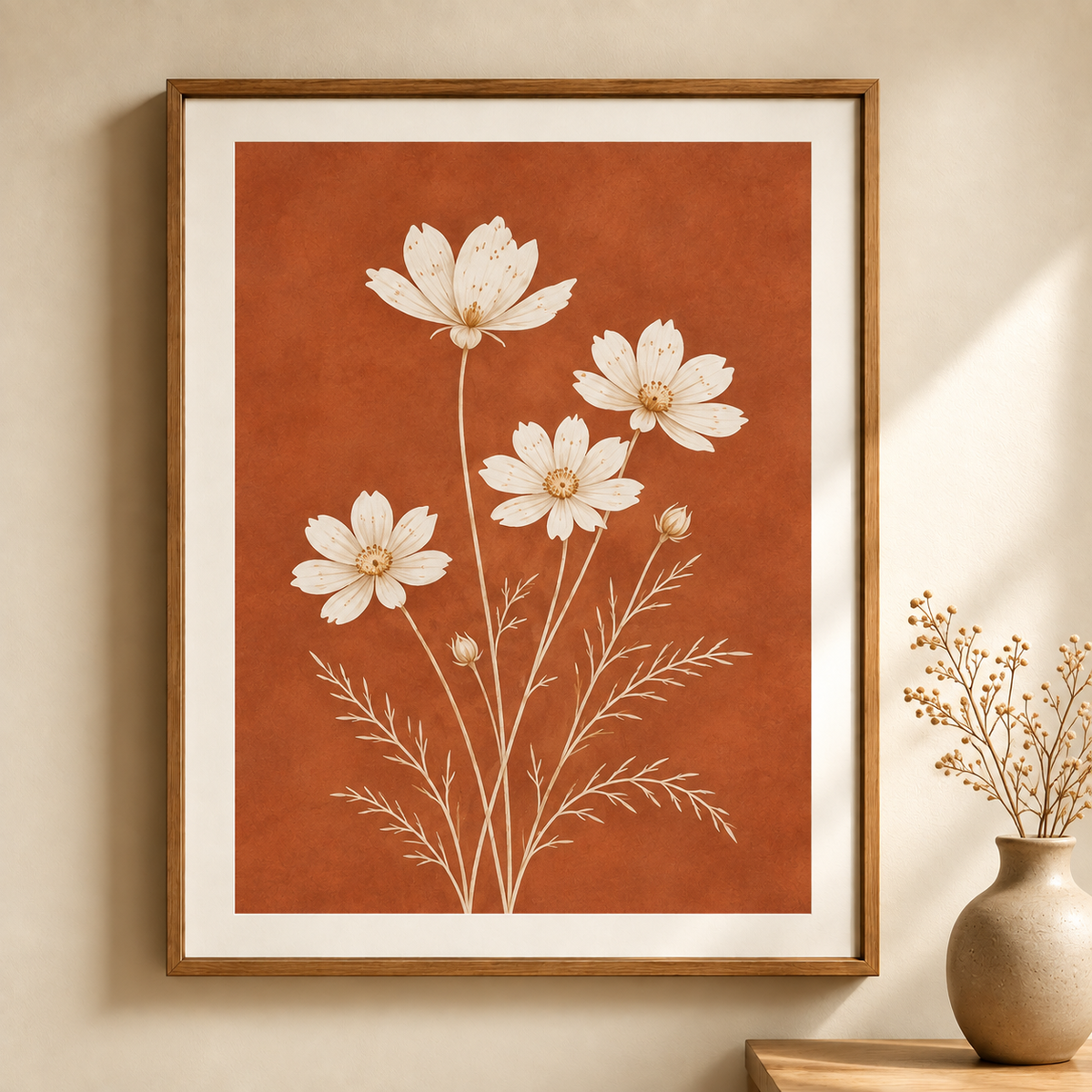 Ivory flowers and fine stems on a terracotta background, shown in a slim warm-toned frame on a cream wall beside a neutral vase.