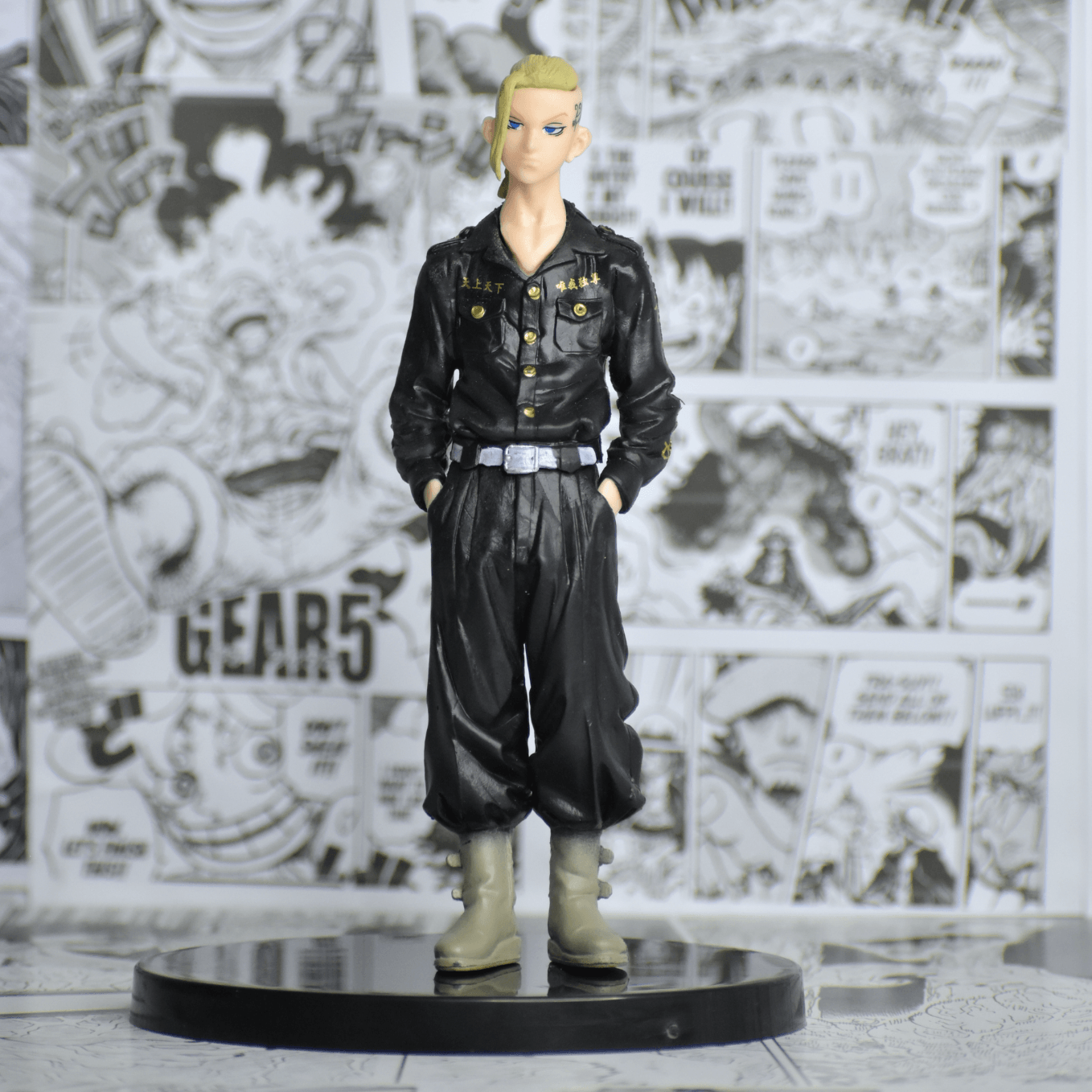 SoulAbiti Tokyo revengers Draken action figurine (18 cm tall) with round base and multicolor design Ken Ryuguji action figure in his signature look and tattoo in Tokyo Manji Gang attire - SoulAbiti