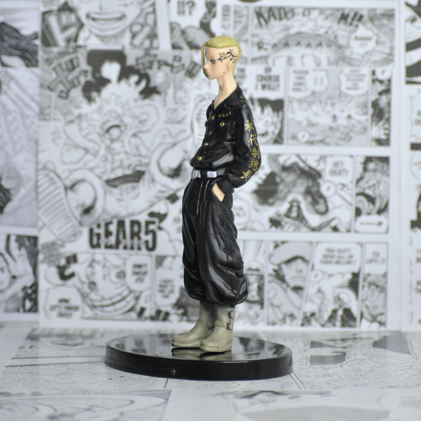 SoulAbiti Tokyo revengers Draken action figurine (18 cm tall) with round base and multicolor design Ken Ryuguji action figure in his signature look and tattoo in Tokyo Manji Gang attire - SoulAbiti