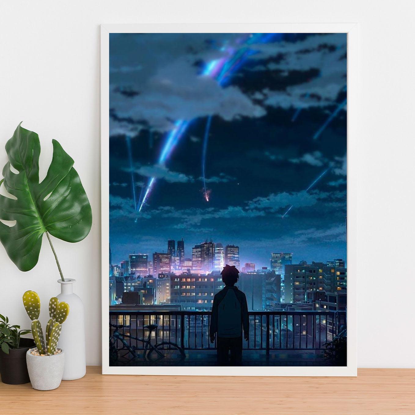Your Name anime poster framed Taki Tachibana looking at meteorite from Tokyo (13x19-Inch, Plexi-Glass, Textured Frame) - SoulAbiti