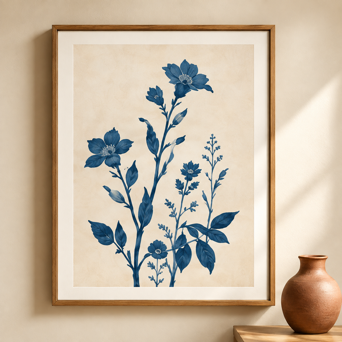 Indigo blue flowers and leafy stems on ivory, shown in a slim warm-toned frame on a cream wall beside a brown vase.
