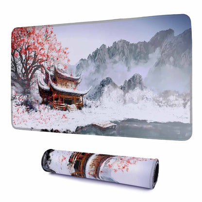 Traditional Japanese Brown Temple Art Mouse Pad - 23.6 x 11 Inches Desk Pad - Gaming and Workstation Mat for Snowy Landscape Enthusiasts - Non-Slip Rubber Base - Smooth Surface for Precise Control