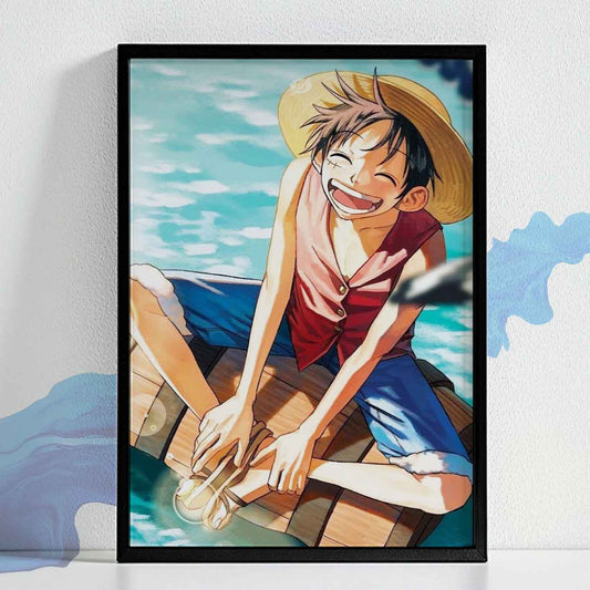 One Piece Monkey D. Luffy Smiling Poster Art Framed (13x19 Inches, Plexi-Glass, Textured Frame)