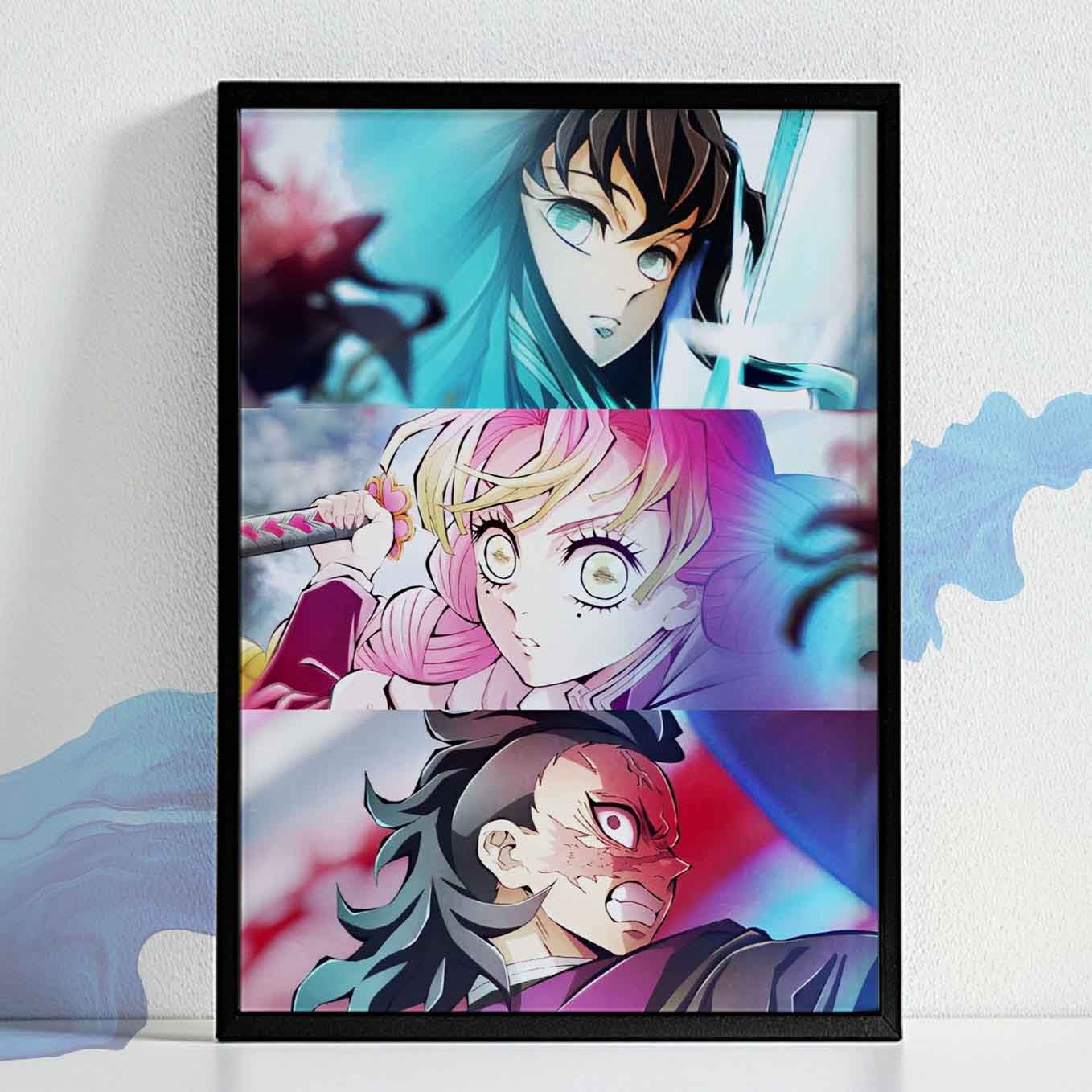 Demon Slayer Muichiro Tokito, Mitsuri Kanroji, Sanemi Shinazugawa  Poster art framed (13x19 Inches, Plexi Glass, Textured Frame)