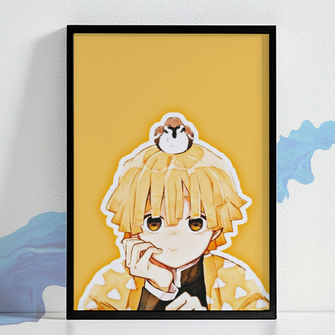 Demon Slayer Zenitsu with Bird Chibi Poster art framed (13x19 Inches, Plexi Glass, textured Frame)