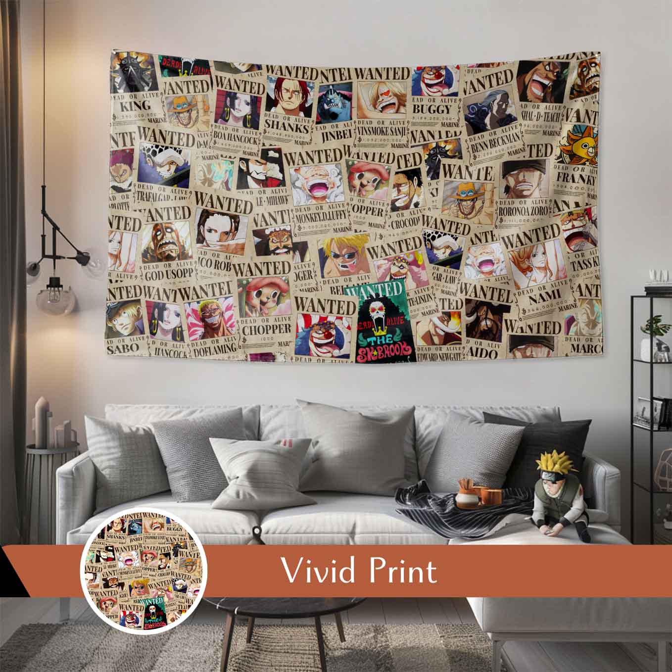 One Piece Wanted Tapestry Wall Hanging – Vivid Straw hat pirates Tapestries for Bedroom Living Room (73x43 inch) Premium Polyester Fabric
