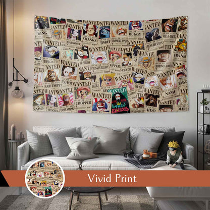 One Piece Wanted Tapestry Wall Hanging – Vivid Straw hat pirates Tapestries for Bedroom Living Room (73x43 inch) Premium Polyester Fabric