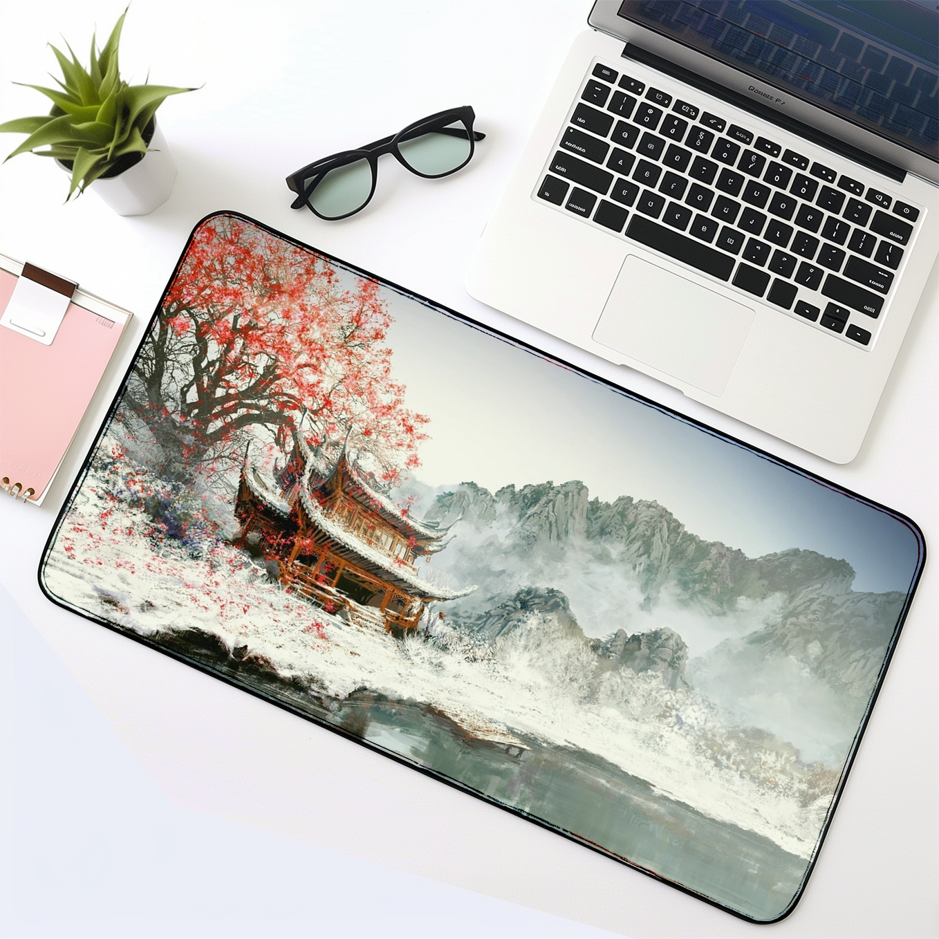 Traditional Japanese Brown Temple Art Mouse Pad - 23.6 x 11 Inches Desk Pad - Gaming and Workstation Mat for Snowy Landscape Enthusiasts - Non-Slip Rubber Base - Smooth Surface for Precise Control