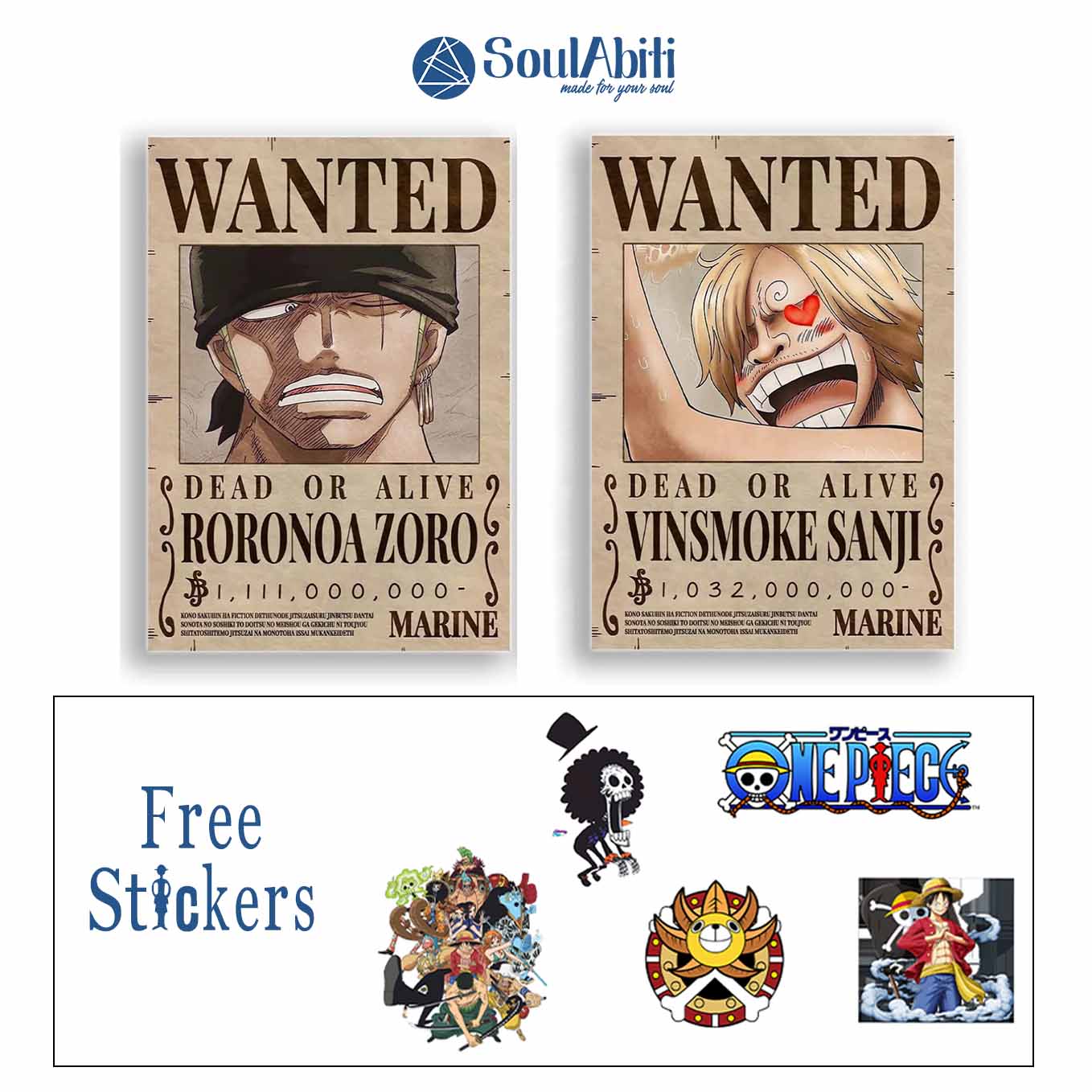 One piece Set of 20 wanted posters Luffy gear 5, Free Stickers (A4 size, 370 GSM) Post wano arc posters, double sided tape