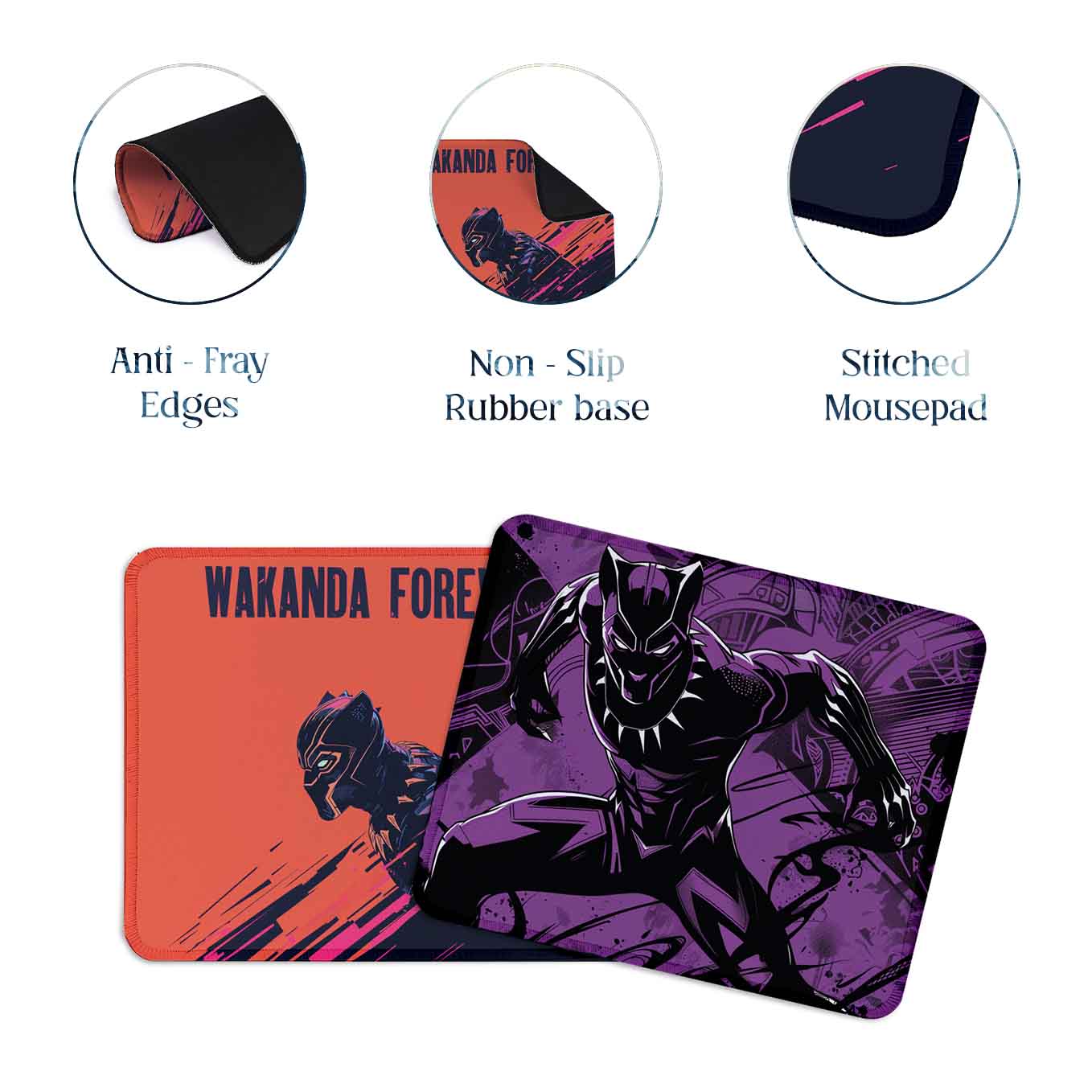 Black Panther Set of 2 Stitched Gaming Mouse Pads with Anti-Slip Rubber Base and Waterproof Surface