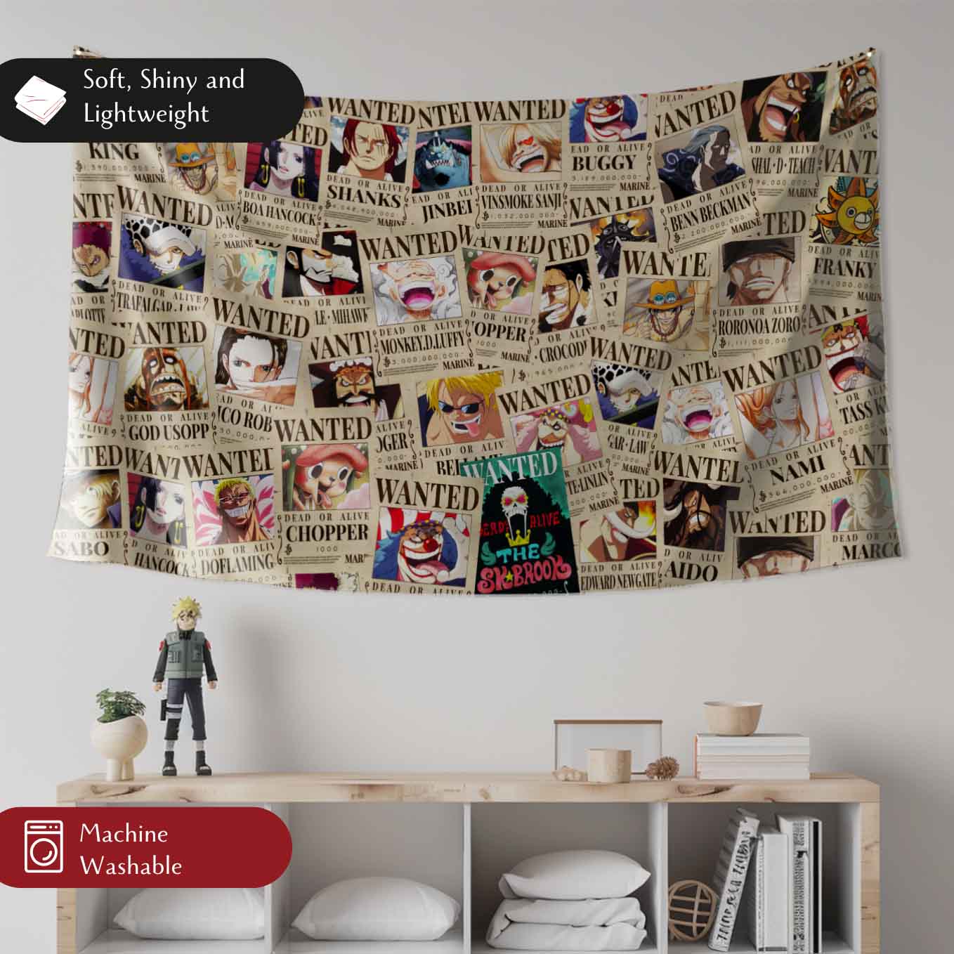 One Piece Wanted Tapestry Wall Hanging – Vivid Straw hat pirates Tapestries for Bedroom Living Room (73x43 inch) Premium Polyester Fabric