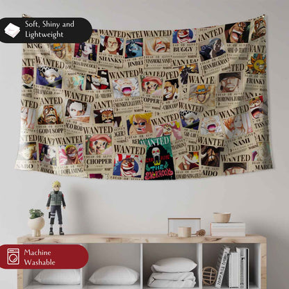 One Piece Wanted Tapestry Wall Hanging – Vivid Straw hat pirates Tapestries for Bedroom Living Room (73x43 inch) Premium Polyester Fabric