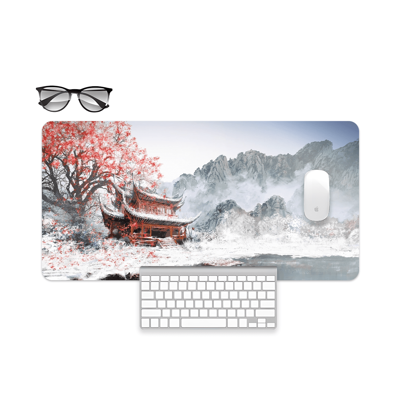 Traditional Japanese Brown Temple Art Mouse Pad - 23.6 x 11 Inches Desk Pad - Gaming and Workstation Mat for Snowy Landscape Enthusiasts - Non-Slip Rubber Base - Smooth Surface for Precise Control