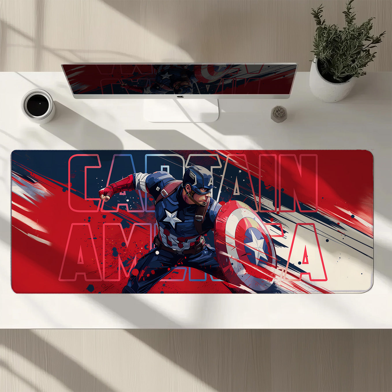 Captain America Shield XXXL Deskpad – 36x14 Inches Extra Large Mouse Pad with Non-Slip Rubber base, Stitched Edges, Waterproof Surface – Ideal for Gaming and Office Desk