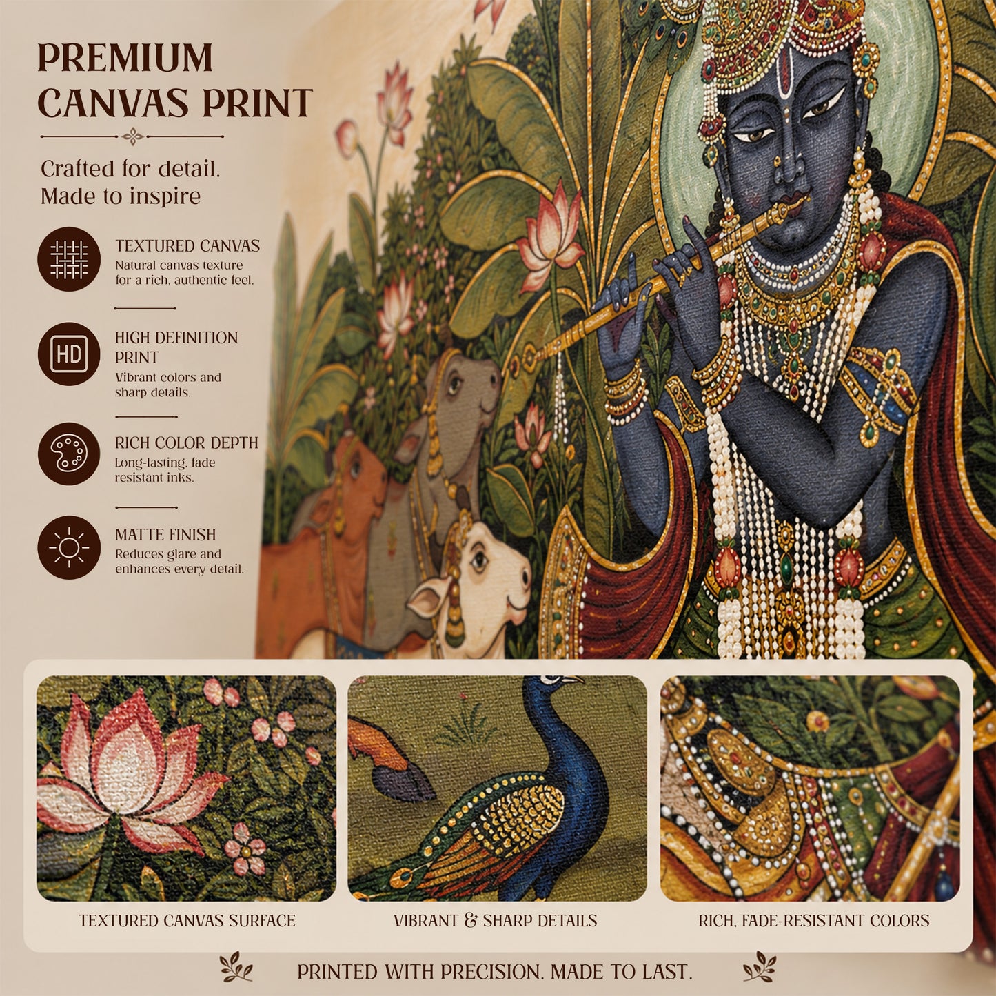 Shrinathji (Shreenathji) Pichwai Canvas Painting — Krishna with Cows & Lotus