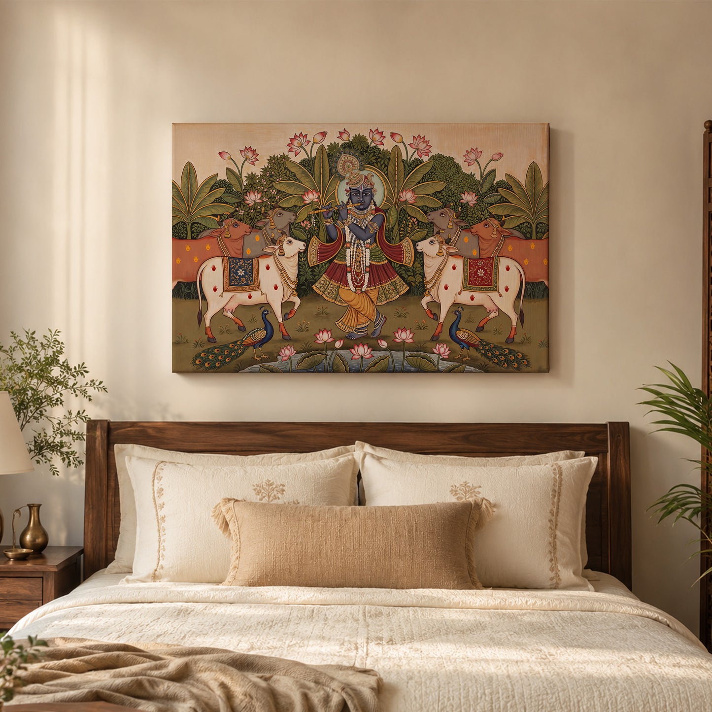 Shrinathji (Shreenathji) Pichwai Canvas Painting — Krishna with Cows & Lotus