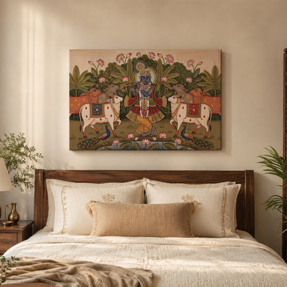 Shrinathji (Shreenathji) Pichwai Canvas Painting — Krishna with Cows & Lotus