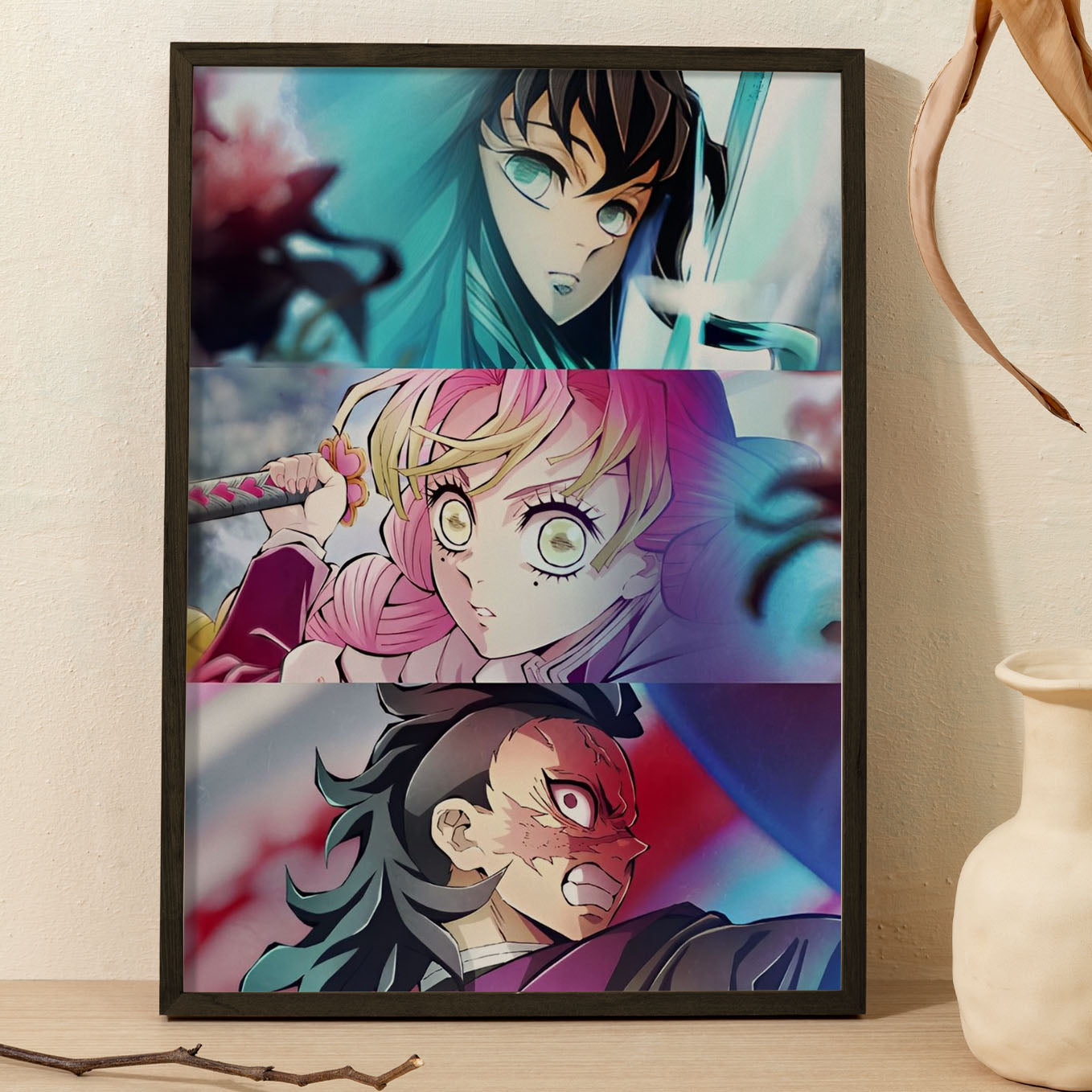 Demon Slayer Muichiro Tokito, Mitsuri Kanroji, Sanemi Shinazugawa Poster art framed 13x19-Inch - SoulAbiti