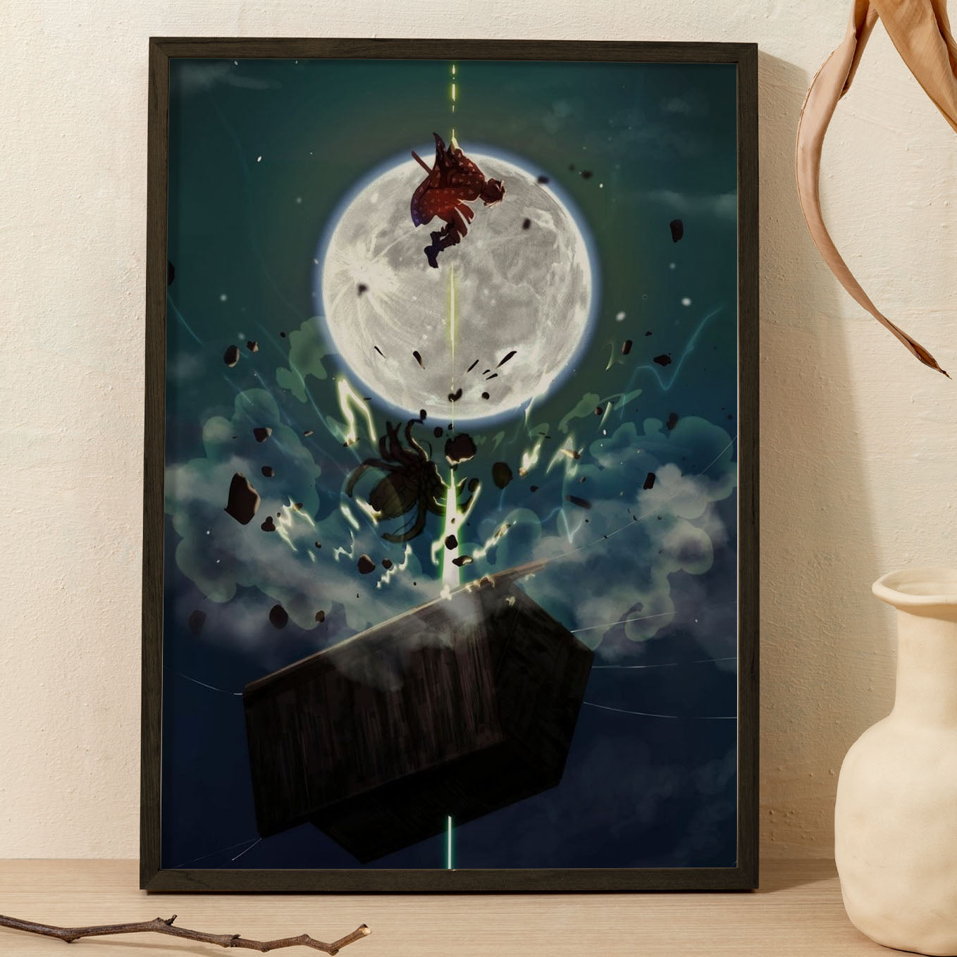 Demon Slayer Zenitsu vs Spider Fight Poster anime framed (13x19-Inch, Plexi-Glass, Textured Frame) - SoulAbiti