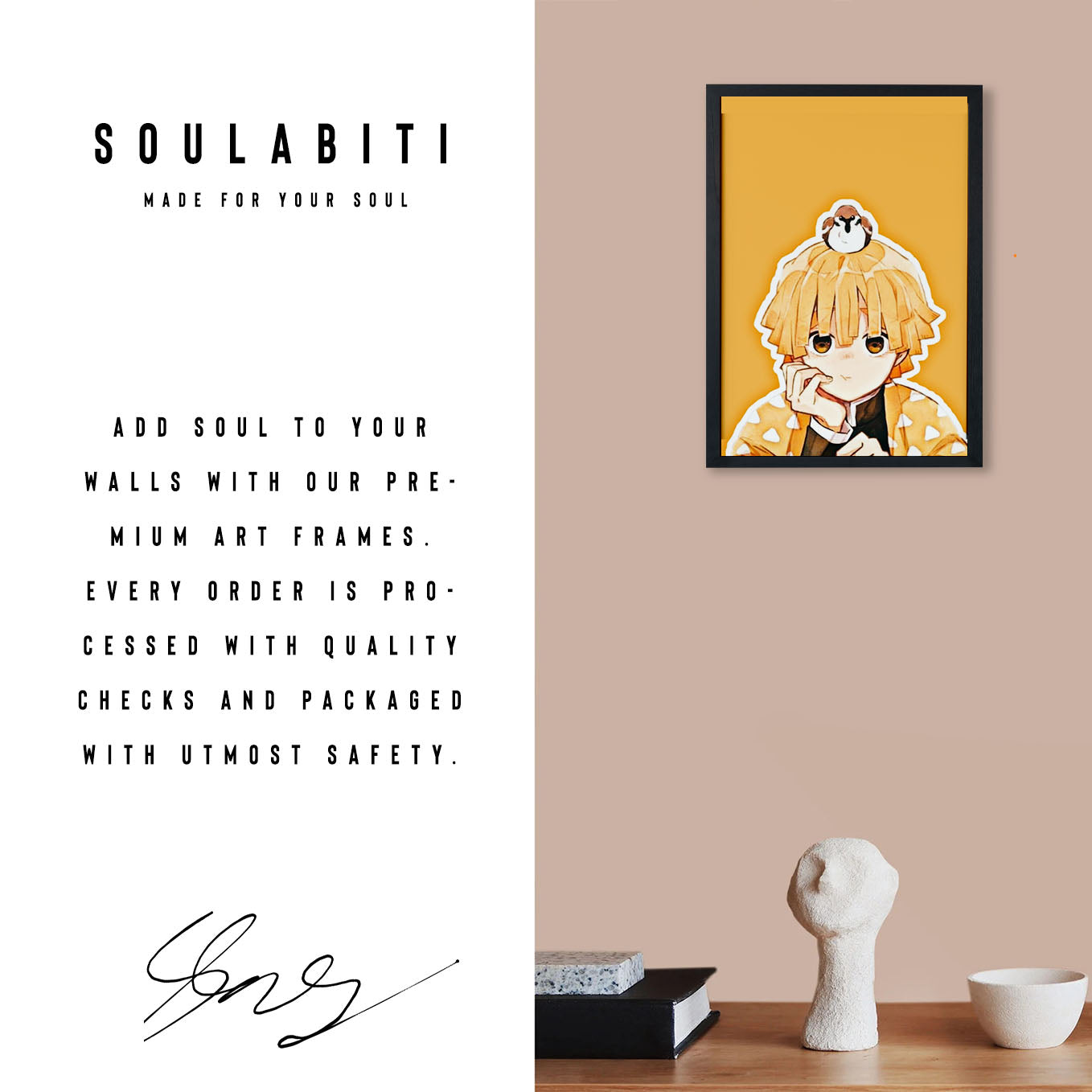 Demon Slayer zenitsu with bird Poster art framed 13x19-Inch - SoulAbiti