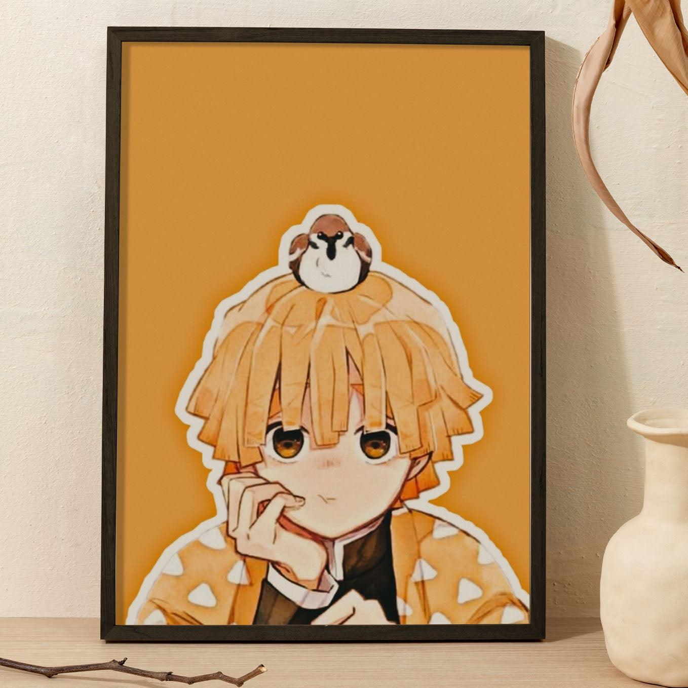 Demon Slayer zenitsu with bird Poster art framed 13x19-Inch - SoulAbiti