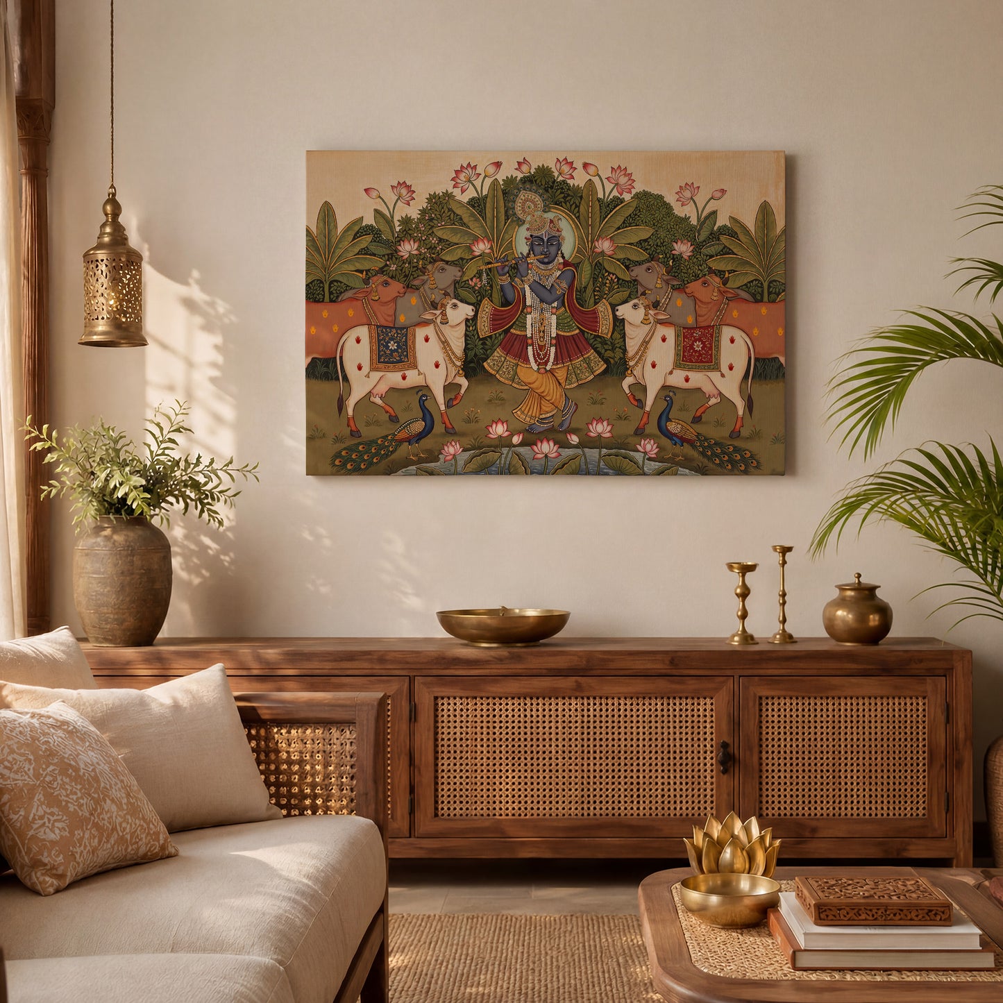 Shrinathji (Shreenathji) Pichwai Canvas Painting — Krishna with Cows & Lotus