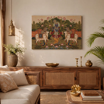 Shrinathji (Shreenathji) Pichwai Canvas Painting — Krishna with Cows & Lotus