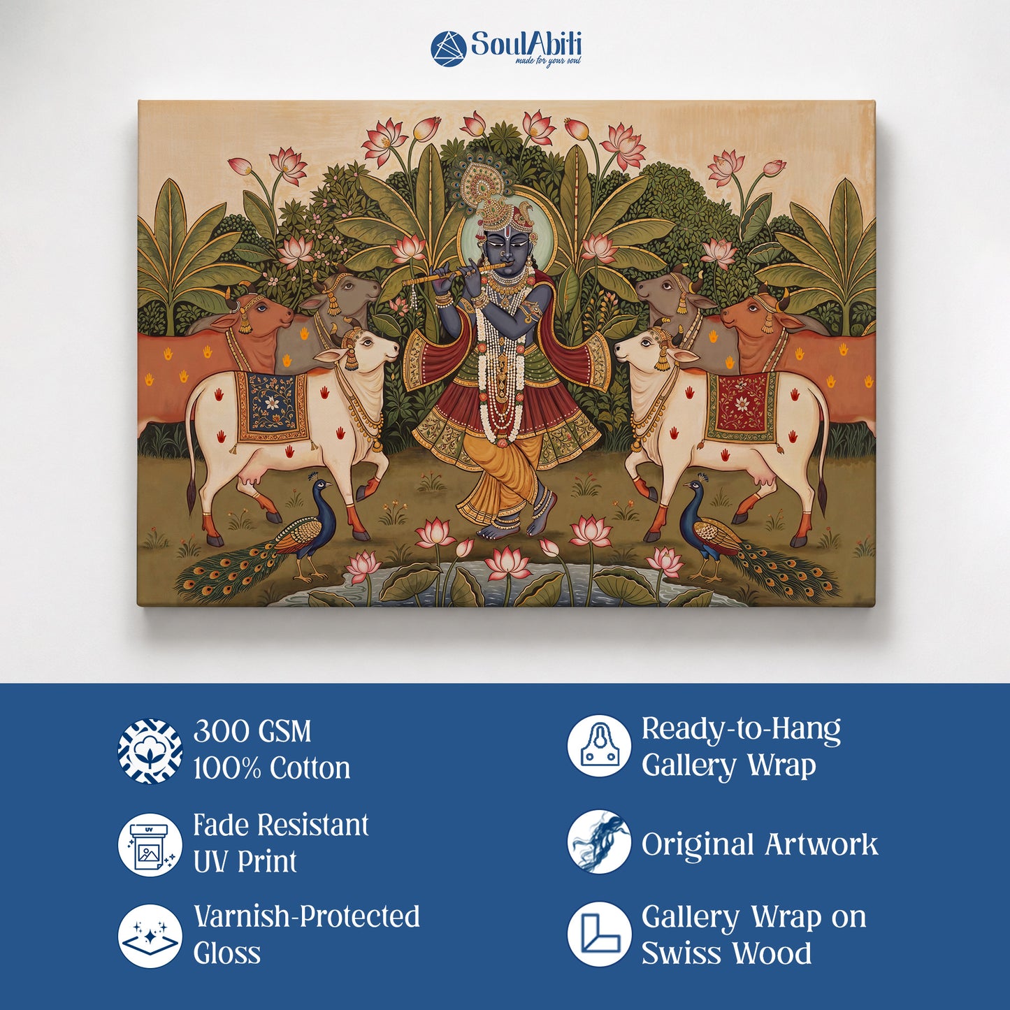 Shrinathji (Shreenathji) Pichwai Canvas Painting — Krishna with Cows & Lotus