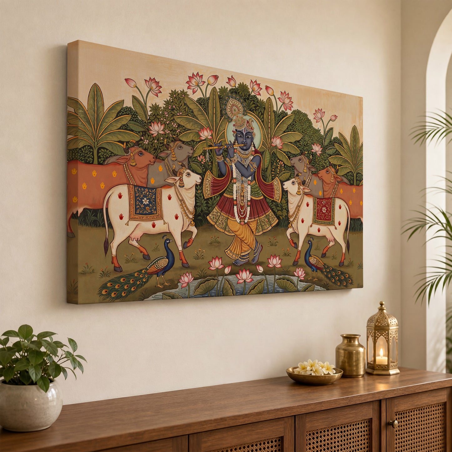 Shrinathji (Shreenathji) Pichwai Canvas Painting — Krishna with Cows & Lotus
