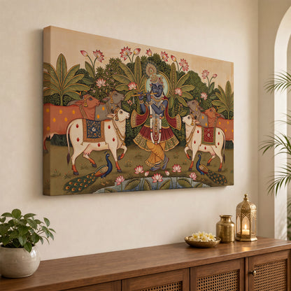Shrinathji (Shreenathji) Pichwai Canvas Painting — Krishna with Cows & Lotus