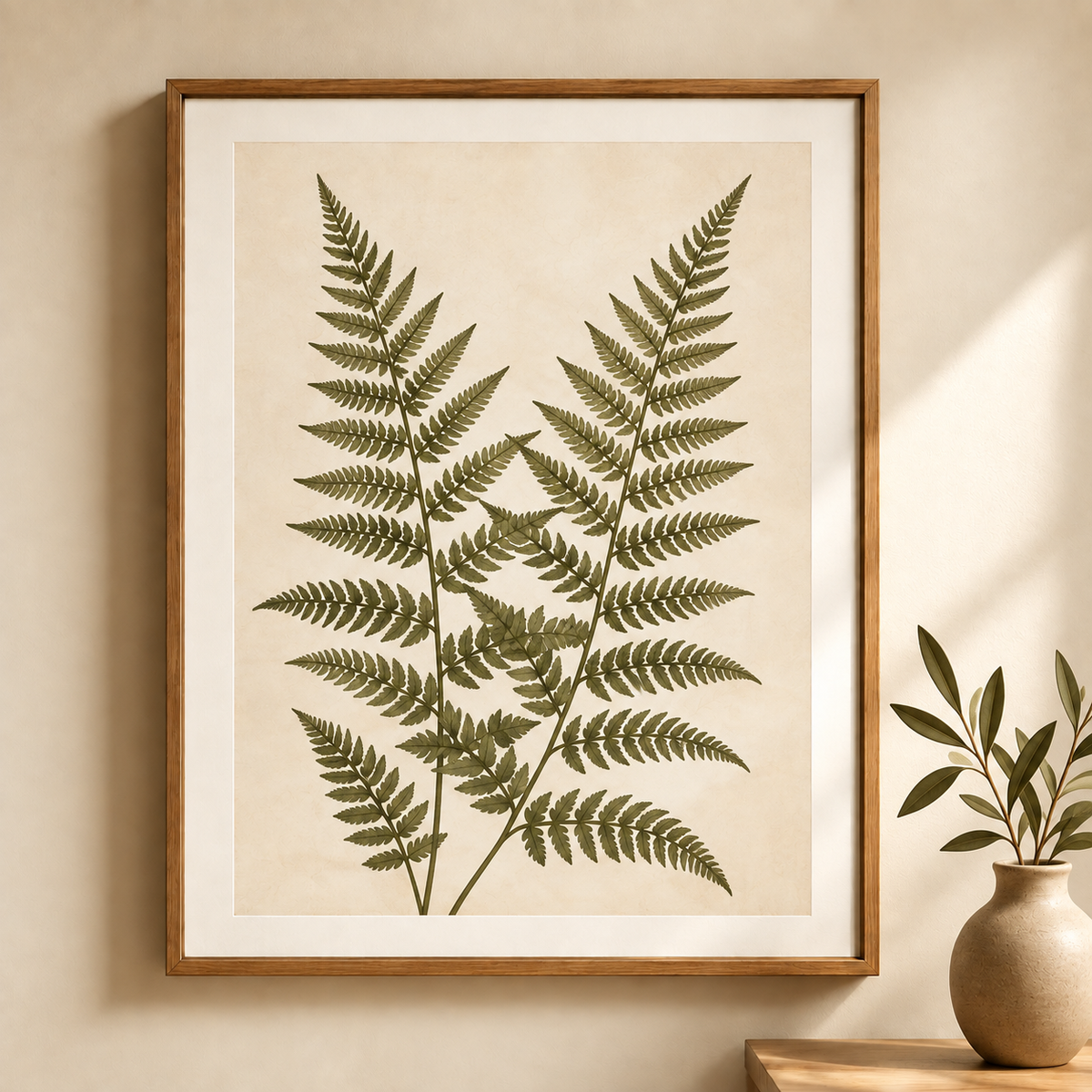 Olive green fern fronds on ivory, shown in a slim warm-toned frame on a cream wall beside a vase of leafy stems.