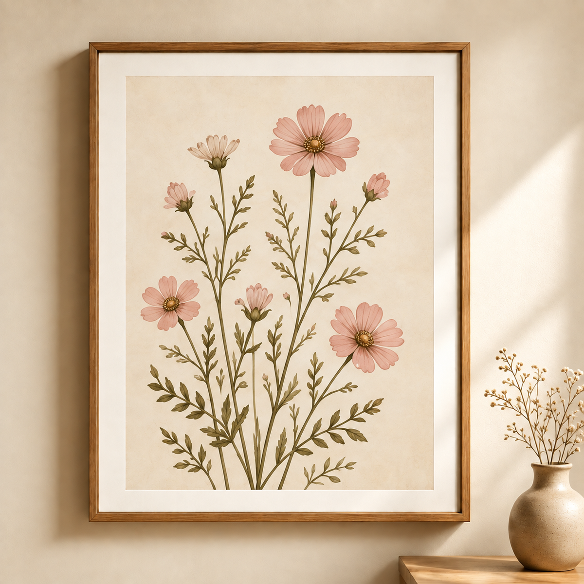 Soft pink flowers and olive green stems on ivory, shown in a slim warm-toned frame on a cream wall beside a neutral vase.