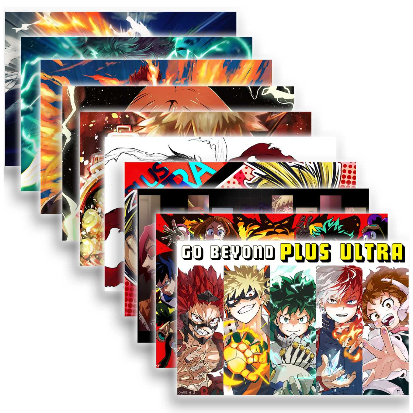 SoulAbiti My Hero Academia Set of 10 Anime posters Landscape (All Might, Deku, Bakugo, Uranaka, Todoroki, and more 12x18 inches) with double-sided tape Large Size Anime poster for wall Multicolor - SoulAbiti