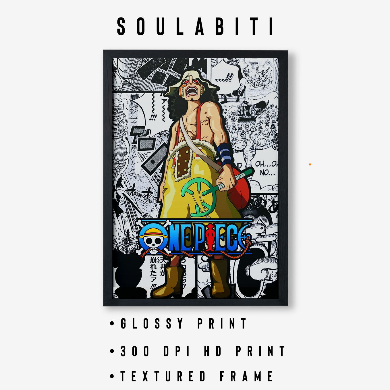 SoulAbiti One Piece God Usopp Poster Art Framed (12x18-Inch, Plexi-Glass, Textured Frame) Framed Wall Décor, Ideal gift for Straw hat pirate fans - SoulAbiti