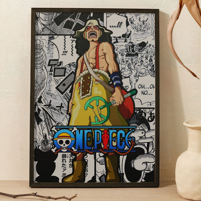 SoulAbiti One Piece God Usopp Poster Art Framed (12x18-Inch, Plexi-Glass, Textured Frame) Framed Wall Décor, Ideal gift for Straw hat pirate fans - SoulAbiti